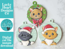 Load image into Gallery viewer, Cat Christmas Ornament File SVG, Glowforge, Pet, Kitten, Santa, Wreath, LuckyHeartDesignsCo