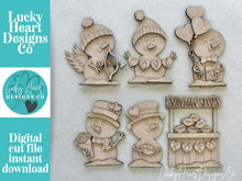 Load image into Gallery viewer, Snowman Valentine Standing File SVG, Balloon, Love, Heart, Mailbox, Snowmen Chocolate Farm, Cupid, Tiered Tray Glowforge LuckyHeartDesignsCo
