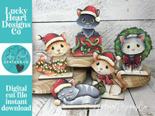 Load image into Gallery viewer, Cat Christmas Standing Set File SVG, Elf, Sweater, Santa, Holiday, Tree, Kitten, Wreath, Tiered Tray Glowforge, LuckyHeartDesignsCo