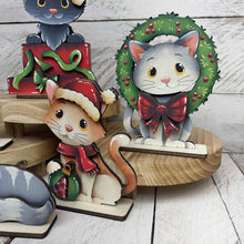 Load image into Gallery viewer, Cat Christmas Standing Set File SVG, Elf, Sweater, Santa, Holiday, Tree, Kitten, Wreath, Tiered Tray Glowforge, LuckyHeartDesignsCo