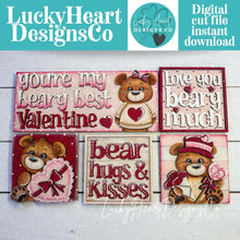 Load image into Gallery viewer, Bear Valentine Interchangeable Leaning Sign File SVG, Glowforge Tiered Tray, Woodland, Heart, Love, Cupid, Hugs Kisses, LuckyHeartDesignsCo