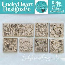 Load image into Gallery viewer, Snowman Valentines Day Interchangeable Leaning Sign File SVG, Love, Snowmen, Winter, Heart, Tiered Tray Glowforge, LuckyHeartDesignsCo