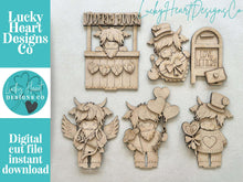 Load image into Gallery viewer, Highland Cow Kisses Valentine Standing File SVG, Balloon, Cupid Candy Chocolate Love, Heart, Farm, Tiered Tray Glowforge LuckyHeartDesignsCo