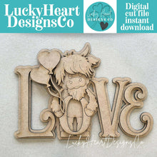 Load image into Gallery viewer, Highland Love Valentine Shelf Sitter Sign File SVG, Balloon, Cow, Love, Heart, Farm, Tiered Tray Glowforge LuckyHeartDesignsCo