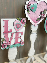 Load image into Gallery viewer, Love Chunky Floral Valentines Pedestal Spindle Slide On Seasonal Set Interchangeable File SVG, Home, Decor Glowforge, LuckyHeartDesignsCo