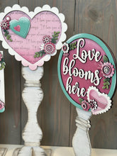 Load image into Gallery viewer, Love Chunky Floral Valentines Pedestal Spindle Slide On Seasonal Set Interchangeable File SVG, Home, Decor Glowforge, LuckyHeartDesignsCo
