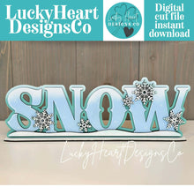 Load image into Gallery viewer, Snow Shelf Sitter Standing Sign File SVG, Snowflake, Snowman, Winter, Mantle decor, Centerpiece, glowforge, LuckyHeartDesignsCo