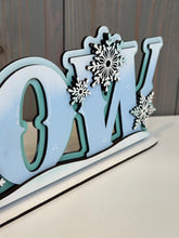 Load image into Gallery viewer, Snow Shelf Sitter Standing Sign File SVG, Snowflake, Snowman, Winter, Mantle decor, Centerpiece, glowforge, LuckyHeartDesignsCo