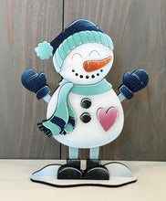 Load image into Gallery viewer, Snowman With Mittens Winter Shelf Sitter Standing Sign File SVG, Snowflake, Mantle decor, Centerpiece, glowforge LuckyHeartDesignsCo