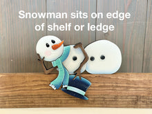 Load image into Gallery viewer, Snowman Laying Down Winter Shelf Sitter Standing Sign File SVG, Snowflake, Snowmen, Mantle decor, Centerpiece, glowforge LuckyHeartDesignsCo