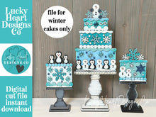 Load image into Gallery viewer, Winter Cake Stand Interchangeable File SVG, (Cakes ONLY) Snowflake, penguin, snowman, Glowforge, Holiday, Tiered Tray LuckyHeartDesignsCo