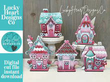Load image into Gallery viewer, Valentine Candy Standing Houses File SVG, Tiered Tray Decor, Gingerbread, Love Heart, Ice cream, Glowforge, LuckyHeartDesignsCo