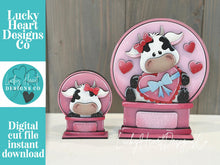Load image into Gallery viewer, Dairy Cow Valentines Snow Globe Interchangeable File SVG, TINY, Glowforge, Tiered Tray, Love, Farm, Heart, Candy, LuckyHeartDesignsCo