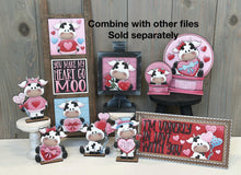 Load image into Gallery viewer, Dairy Cow Valentine Standing File SVG, Balloon, Cupid Candy Chocolate Love, Heart, Farm, Tiered Tray Glowforge LuckyHeartDesignsCo