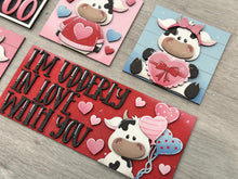 Load image into Gallery viewer, Dairy Cow Valentine Interchangeable Leaning Sign File SVG, Glowforge Tiered Tray, Love, Farm, Heart, Balloons, Candy, LuckyHeartDesignsCo