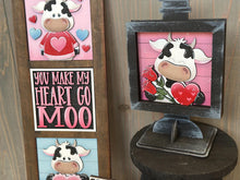 Load image into Gallery viewer, Dairy Cow Valentine Interchangeable Leaning Sign File SVG, Glowforge Tiered Tray, Love, Farm, Heart, Balloons, Candy, LuckyHeartDesignsCo