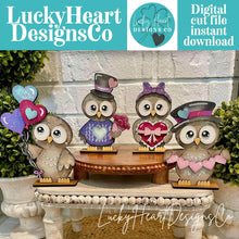 Load image into Gallery viewer, Owl Valentines Standing File SVG, Glowforge, Love, Heart, Balloon, Candy, Rose, Flower, Bird, LuckyHeartDesignsCo