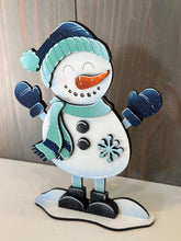 Load image into Gallery viewer, Snowman With Mittens Winter Shelf Sitter Standing Sign File SVG, Snowflake, Mantle decor, Centerpiece, glowforge LuckyHeartDesignsCo