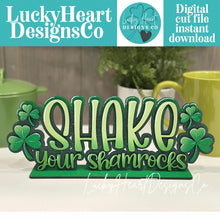 Load image into Gallery viewer, Shake Your Shamrock Shelf Sitter Standing Sign File SVG, St. Patrick's Day Leprechaun Clover, Mantle decor, glowforge, LuckyHeartDesignsCo