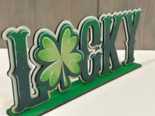 Load image into Gallery viewer, Lucky Clover Shelf Sitter Standing Sign File SVG, St. Patrick's Day Leprechaun Clover, Mantle decor, Shamrock glowforge, LuckyHeartDesignsCo
