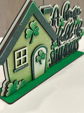 Load image into Gallery viewer, House Full Of Shamrocks Shelf Sitter Standing Sign File SVG, St. Patrick's Day Leprechaun Clover Mantle decor glowforge, LuckyHeartDesignsCo