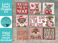Load image into Gallery viewer, Dog Valentine's Day Interchangeable Leaning Sign File SVG, Glowforge Tiered Tray, Love, Arrow, Heart, Puppy Cute, LuckyHeartDesignsCo