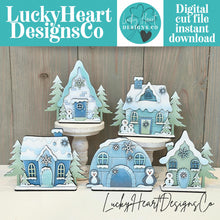 Load image into Gallery viewer, Winter Standing Houses File SVG, Glowforge, Igloo, Penguin, Snowman, Snowflake, Cabin, Ski lodge, LuckyHeartDesignsCO