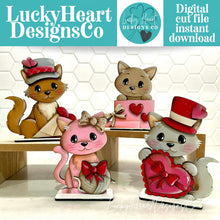 Load image into Gallery viewer, Cat Valentines Day Standing File SVG, Balloon, Love, Heart, Mailbox, Chocolate, Farm, Cupid, Puppy Tiered Tray Glowforge LuckyHeartDesignsCo