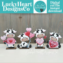 Load image into Gallery viewer, Dairy Cow Valentine Standing File SVG, Balloon, Cupid Candy Chocolate Love, Heart, Farm, Tiered Tray Glowforge LuckyHeartDesignsCo