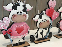 Load image into Gallery viewer, Dairy Cow Valentine Standing File SVG, Balloon, Cupid Candy Chocolate Love, Heart, Farm, Tiered Tray Glowforge LuckyHeartDesignsCo
