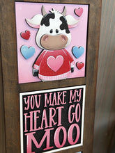 Load image into Gallery viewer, Dairy Cow Valentine Interchangeable Leaning Sign File SVG, Glowforge Tiered Tray, Love, Farm, Heart, Balloons, Candy, LuckyHeartDesignsCo