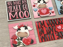 Load image into Gallery viewer, Dairy Cow Valentine Interchangeable Leaning Sign File SVG, Glowforge Tiered Tray, Love, Farm, Heart, Balloons, Candy, LuckyHeartDesignsCo