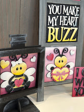 Load image into Gallery viewer, Bee Valentine Buzz Interchangeable Leaning Sign File SVG, Glowforge Tiered Tray, Love, Bumble, Heart, LuckyHeartDesignsCo