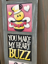 Load image into Gallery viewer, Bee Valentine Buzz Interchangeable Leaning Sign File SVG, Glowforge Tiered Tray, Love, Bumble, Heart, LuckyHeartDesignsCo