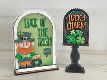 Load image into Gallery viewer, Leprechaun Tall Arch Sign Interchangeable File SVG, TINY, INSERT only Clover, Lucky Gold Glowforge, Holiday, Tiered Tray LuckyHeartDesignsCo