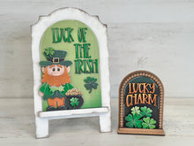 Load image into Gallery viewer, Leprechaun Tall Arch Sign Interchangeable File SVG, TINY, INSERT only Clover, Lucky Gold Glowforge, Holiday, Tiered Tray LuckyHeartDesignsCo