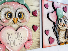 Load image into Gallery viewer, Owl Valentine Love Interchangeable Leaning Sign File SVG, Glowforge Tiered Tray, Bird, Love, Heart, LuckyHeartDesignsCo