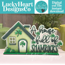 Load image into Gallery viewer, House Full Of Shamrocks Shelf Sitter Standing Sign File SVG, St. Patrick's Day Leprechaun Clover Mantle decor glowforge, LuckyHeartDesignsCo