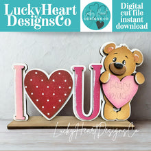 Load image into Gallery viewer, Love Beary Much Valentine Shelf Sitter Sign File SVG, Heart, Bow, Bear, I Love You, Tiered Tray Glowforge LuckyHeartDesignsCo