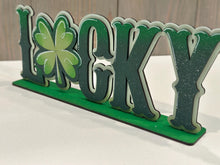 Load image into Gallery viewer, Lucky Clover Shelf Sitter Standing Sign File SVG, St. Patrick's Day Leprechaun Clover, Mantle decor, Shamrock glowforge, LuckyHeartDesignsCo