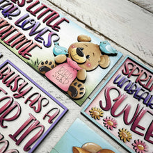 Load image into Gallery viewer, Bear Spring Interchangeable Leaning Sign File SVG, Glowforge Farm, Butterfly, Umbrella, Woodland, Flower, Tiered Tray, LuckyHeartDesignsCo