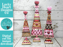 Load image into Gallery viewer, Valentine Candy Gingerbread Standing Tree File SVG, mantle decor, Holiday, Hearts, bow, Love, Centerpiece, glowforge, LuckyHeartDesignsCo