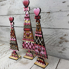 Load image into Gallery viewer, Valentine Candy Gingerbread Standing Tree File SVG, mantle decor, Holiday, Hearts, bow, Love, Centerpiece, glowforge, LuckyHeartDesignsCo