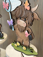 Load image into Gallery viewer, Highland Cow Spring Butterfly Standing Sign File SVG, Glowforge, Flower, Standing, Kite, Daisy, Cow Umbrella Tiered Tray LuckyHeartDesignsCo