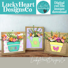 Load image into Gallery viewer, Spring Plant Flower Vase Pot Sign Trio File SVG, Glowforge, Mother's Day, Watering Can, Floral, Grandma, LuckyHeartDesignsCo