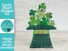 Load image into Gallery viewer, Clover Hat Standing Sign File SVG, St. Patrick's Day Leprechaun Clover, Mantle decor, Shamrock glowforge, LuckyHeartDesignsCo