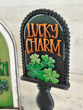 Load image into Gallery viewer, Leprechaun Tall Arch Sign Interchangeable File SVG, TINY, INSERT only Clover, Lucky Gold Glowforge, Holiday, Tiered Tray LuckyHeartDesignsCo