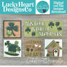 Load image into Gallery viewer, Shamrock Home St.Patrick's Day Interchangeable Leaning Sign File, Glowforge, Clover, Lucky, Leprechaun, LuckyHeartDesignsCo