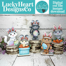 Load image into Gallery viewer, Cat Easter Bunny Standing File SVG, Glowforge, Tiered Tray, Egg, Carrot, Basket, Egg Hunt, Kitten, LuckyHeartDesignsCo