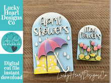 Load image into Gallery viewer, April May Spring Tall Arch Sign Interchangeable File SVG, TINY, INSERT only Boots Umbrella Glowforge Holiday Tiered Tray LuckyHeartDesignsCo
